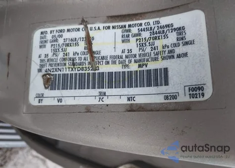 2000 Nissan Quest Se/Gle/Gxe из США, поврежденный, VIN 4N2XN11TXYD835233